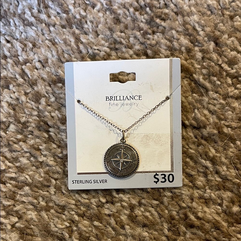 NWT Sterling Silver & CZ Compass Coin Pendant Necklace 18”